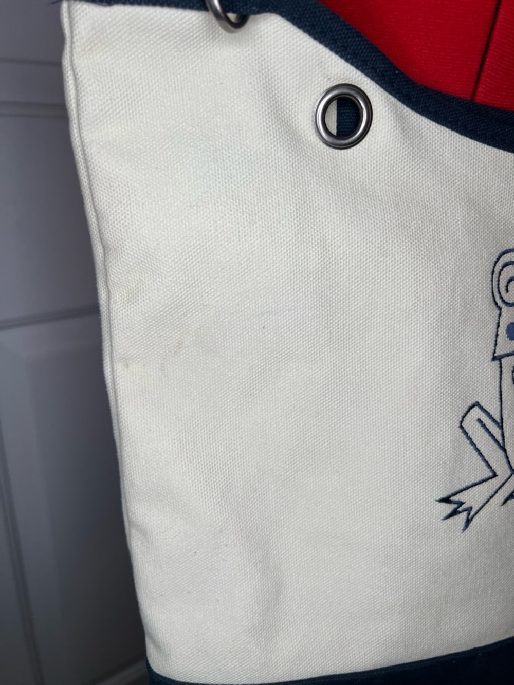 Canvas Crew Tote Bag by Thirty One Navy Cream Large Embroidered Frog - Picture 3 of 13